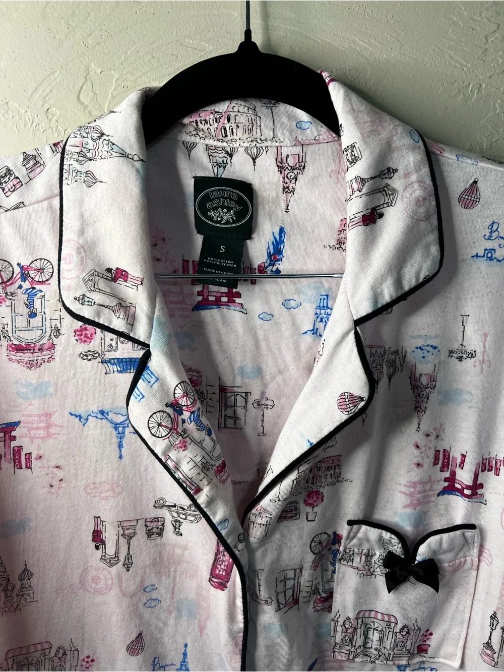 Laura Ashley Pink Global City Print Knit Button Down Lounge Comfy Sleep Shirt